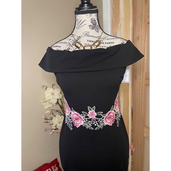 Premier Amour Women's Dress Size 2 Black Off Shoulder Floral Embroidered - Picture 2 of 9